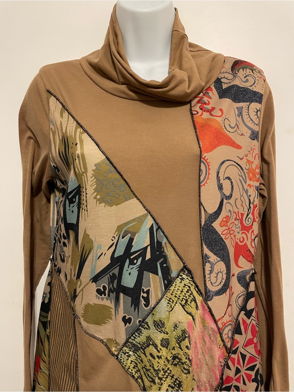 MISSLOOK Tan Patchwork Cowl Neck Long Sleeve Dress